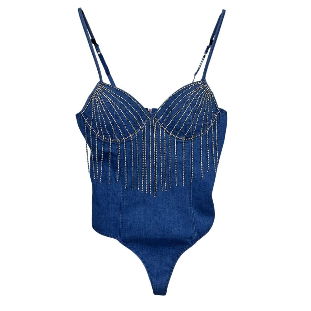 Blashe Denim Rhinestone Tassel Bodysuit — Women’s Small Spaghetti Strap